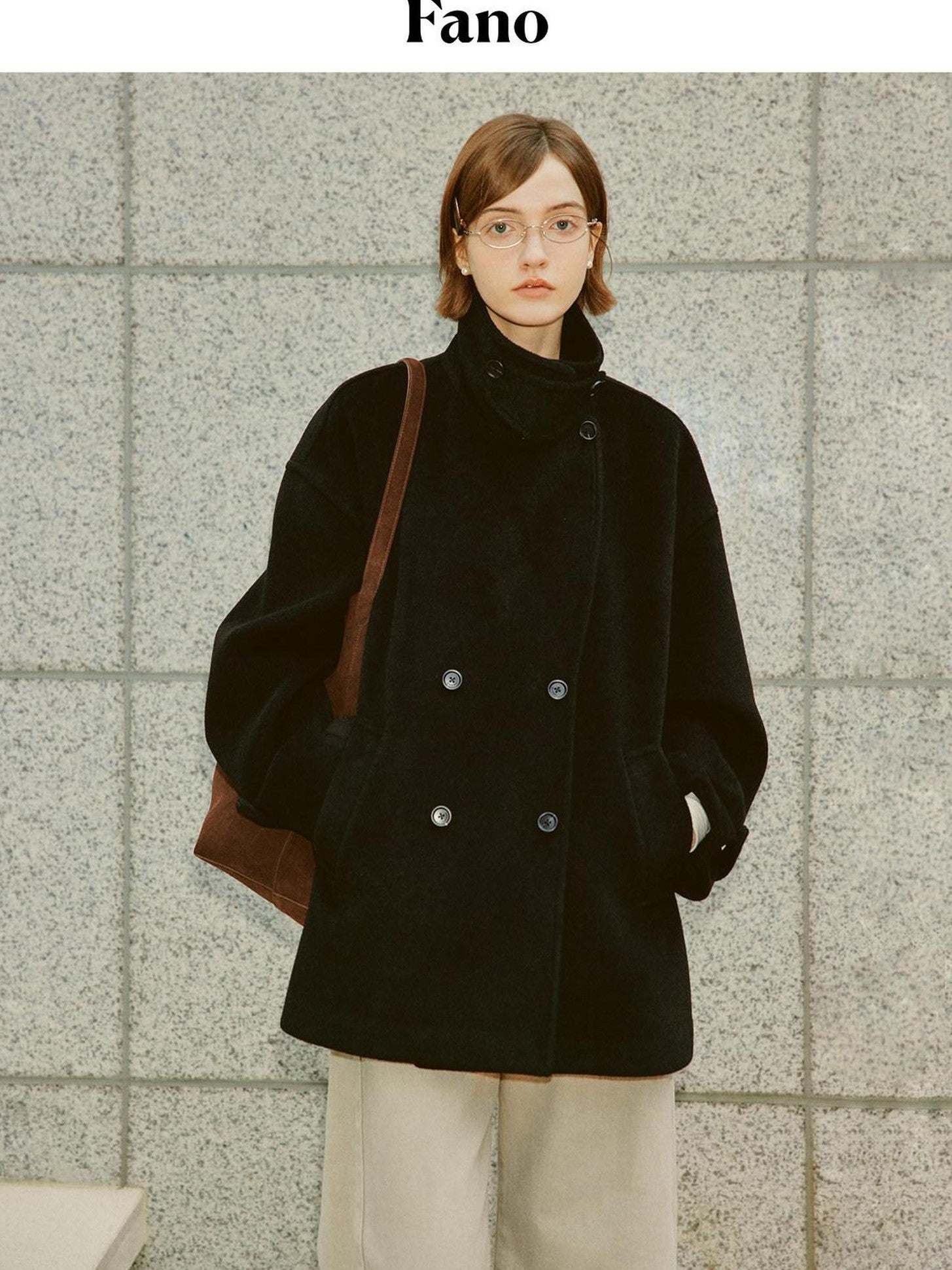 fano Double Breasted Stand Collar Commuter Loose Fit Women Black Pocket Wool Coats