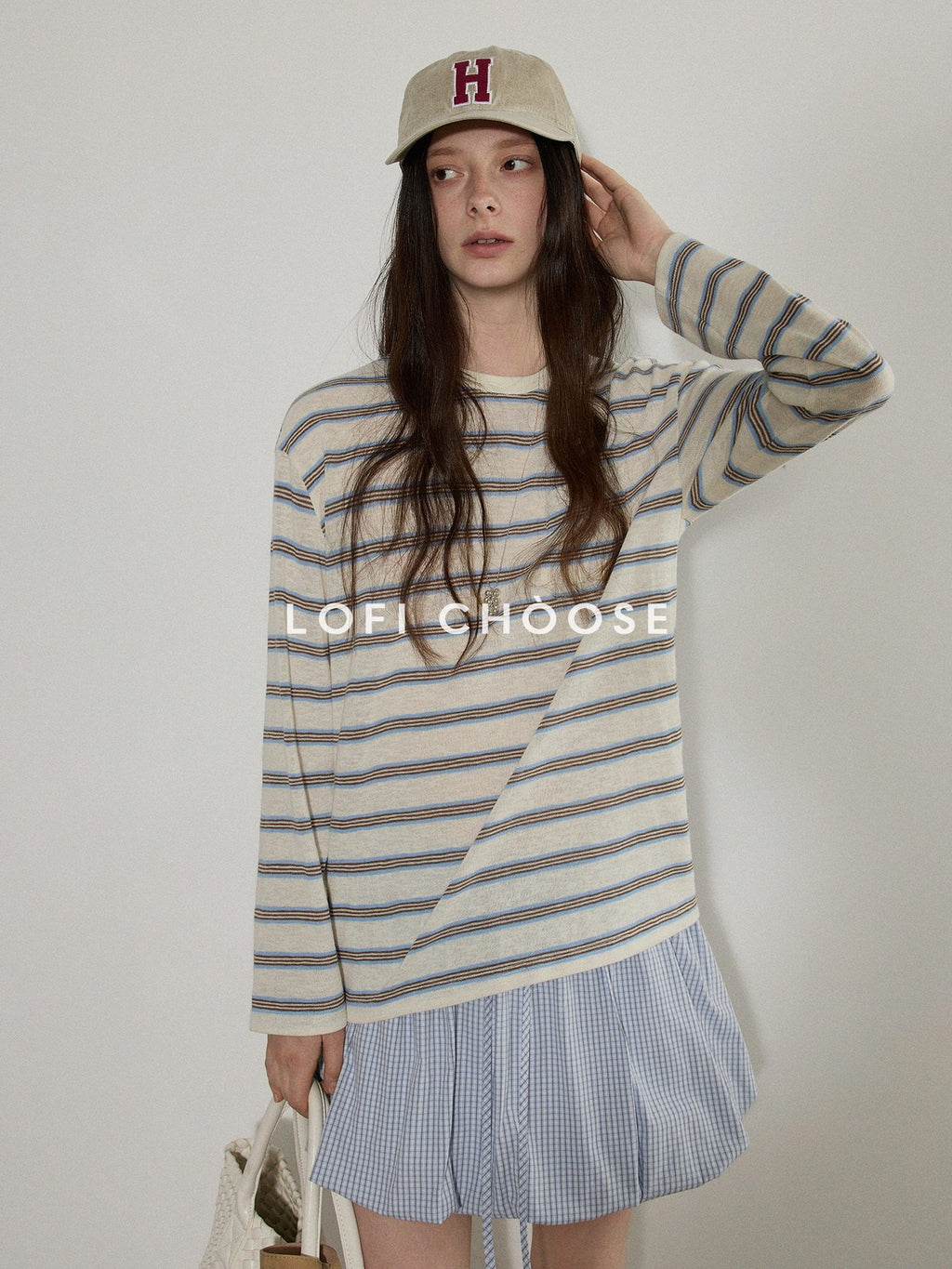 Lofi choose Polyester Blend Colorblock Blue Stripe Relaxed Crew Neck Long Sleeve T-Shirts