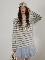 Lofi choose Polyester Blend Colorblock Blue Stripe Relaxed Crew Neck Long Sleeve T-Shirts