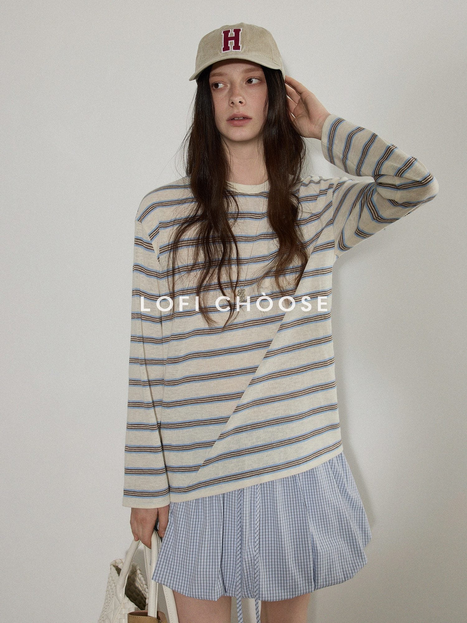 Lofi choose Polyester Blend Colorblock Blue Stripe Relaxed Crew Neck Long Sleeve T-Shirts