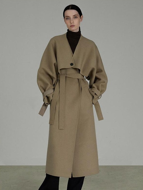unspoken Pure Sheep Wool Long V-neck Straight Cut With Pockets Commuter Wool Coats