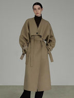 unspoken Pure Sheep Wool Long V-neck Straight Cut With Pockets Commuter Wool Coats