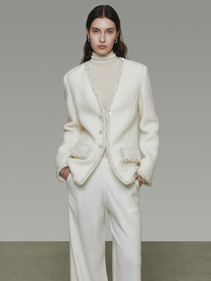 unspoken Soft Ivory Wool Blend Tailored Slim V-neck Long Sleeve Commuter Cardigans