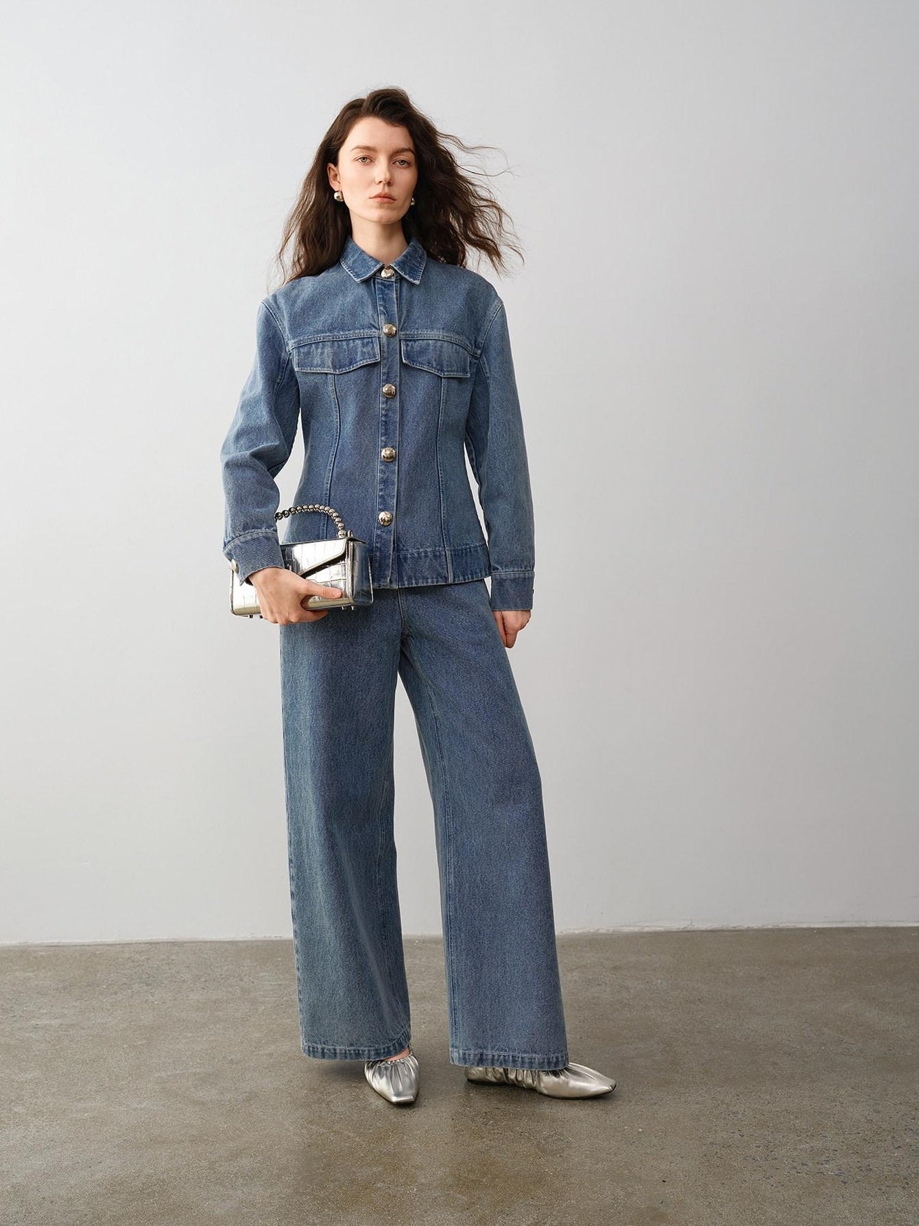 audreyyang 100% Cotton Vintage Loose Fit Button Long Sleeve Denim Women Top & Pants Sets