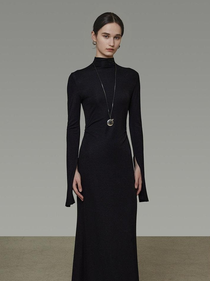 unspoken Soft Breathable Viscose Knit High Waist Aline Slim Black Maxi Dresses