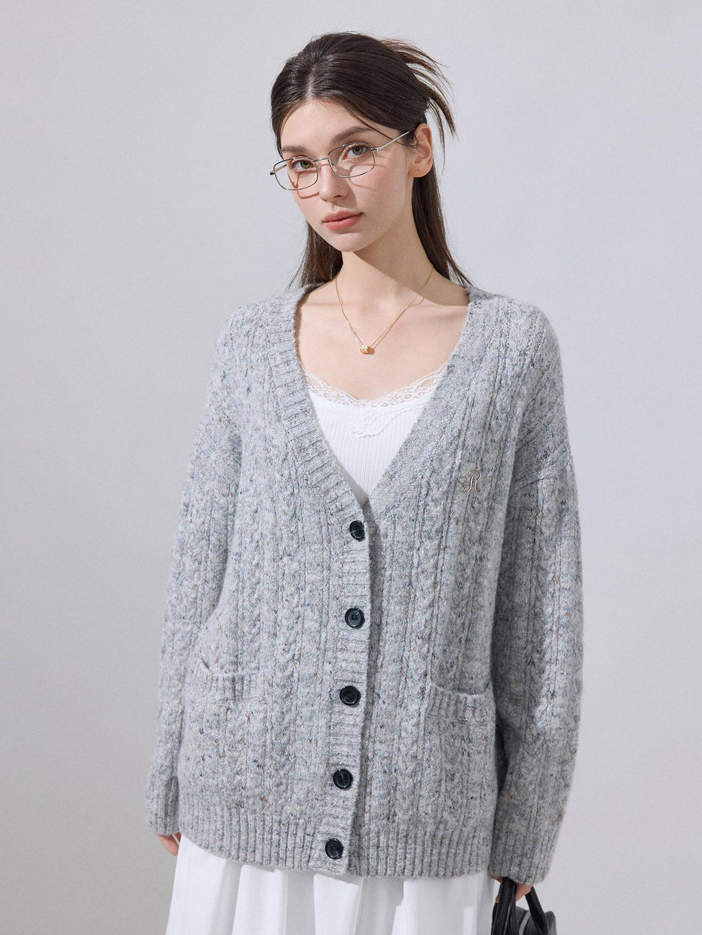 ikyou Soft Breathable Slouchy Loose V-neck Long Sleeve Gray Knit Casual Women Cardigans