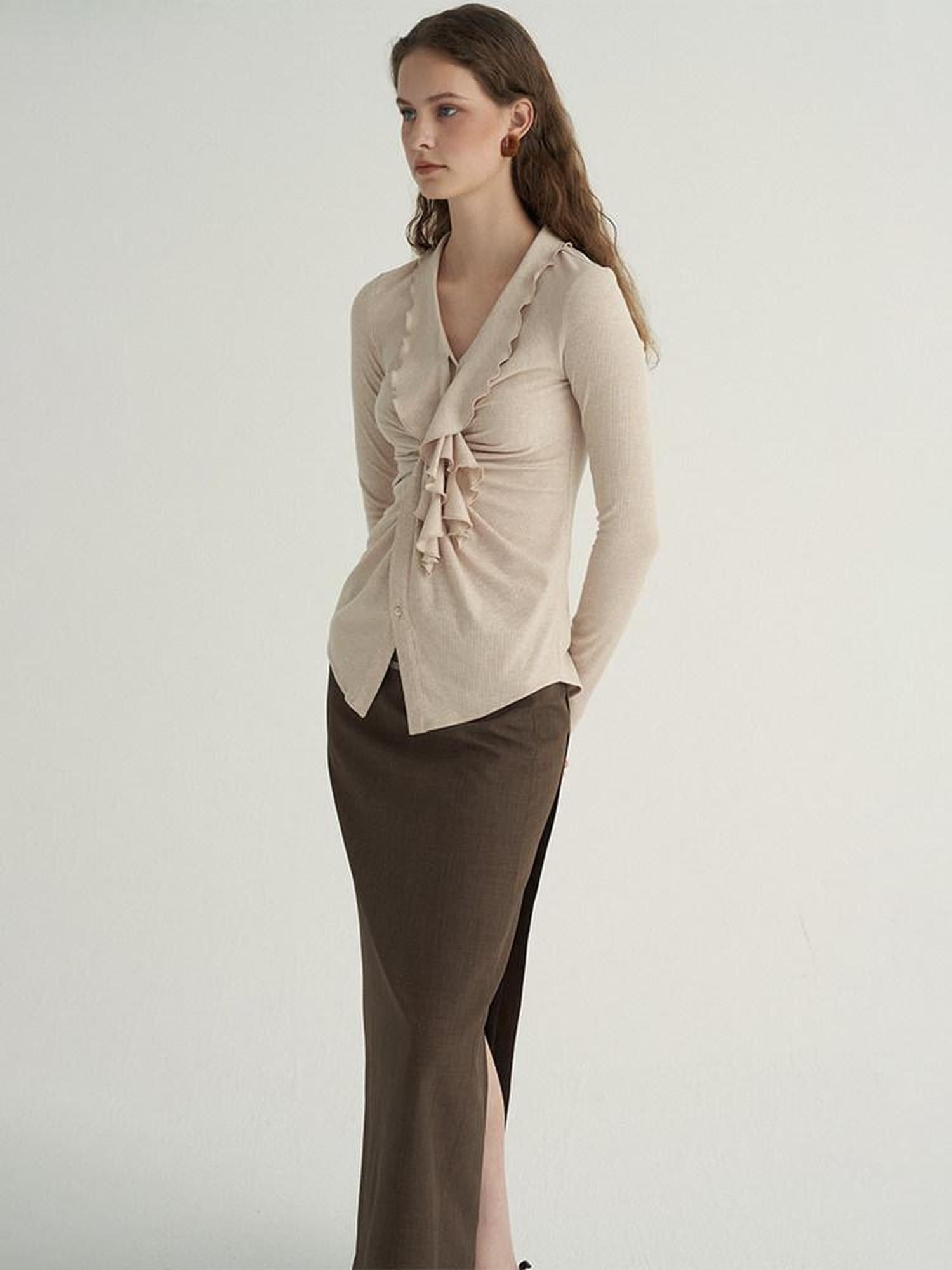 someone sometimes Ruffled V-neck Slim Fit Thin Knit Viscose Women Oatmeal Long Sleeve T-Shirts