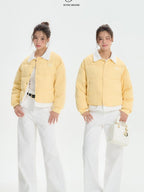 ikyou Thick Embroidered Patchwork Minimal Straight Crop Polo Yellow Puffer Jackets