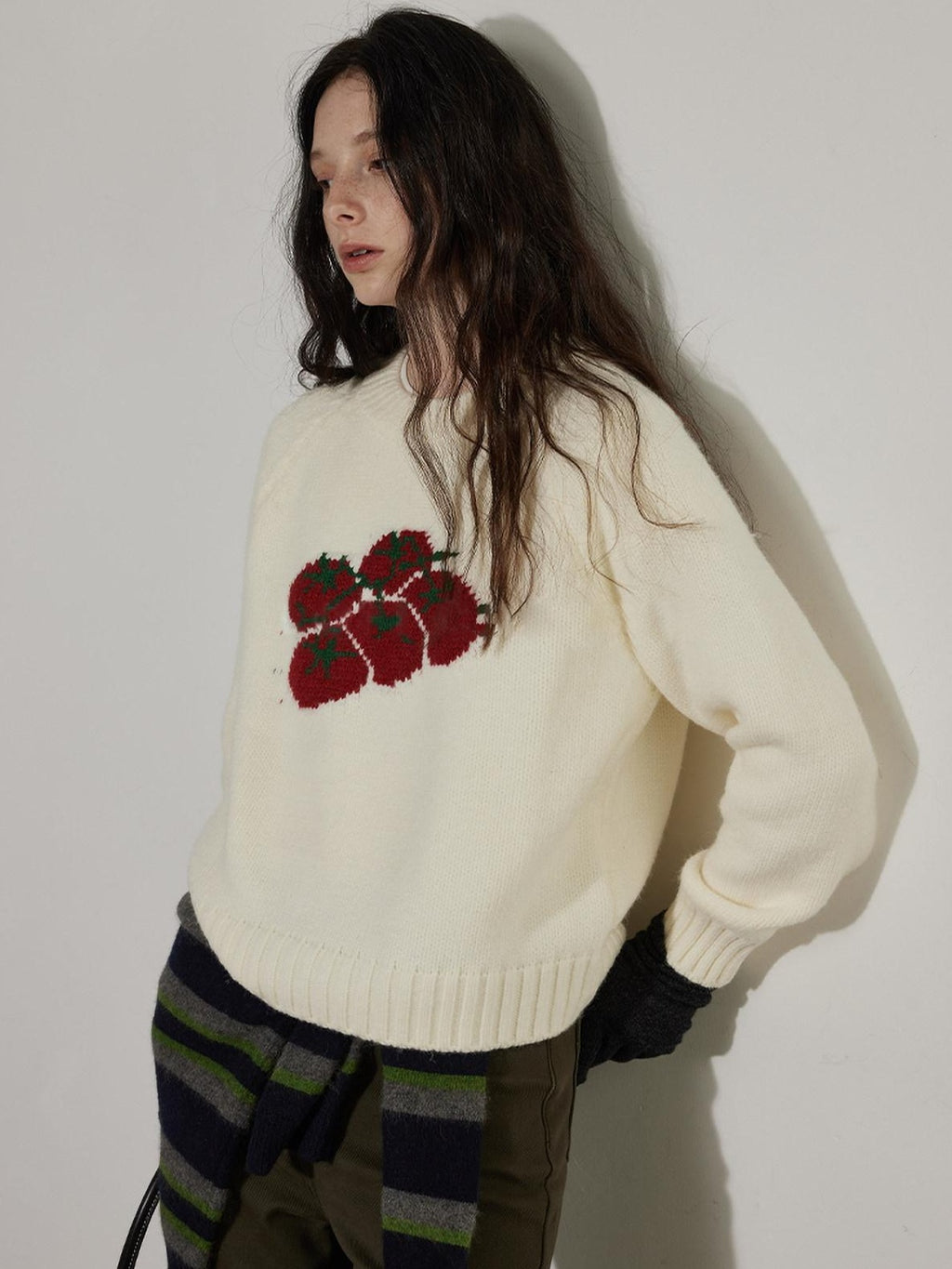 Lofi choose Cozy Crew Neck Loose Fit Office Knit Pullover Off White Navy Sweaters