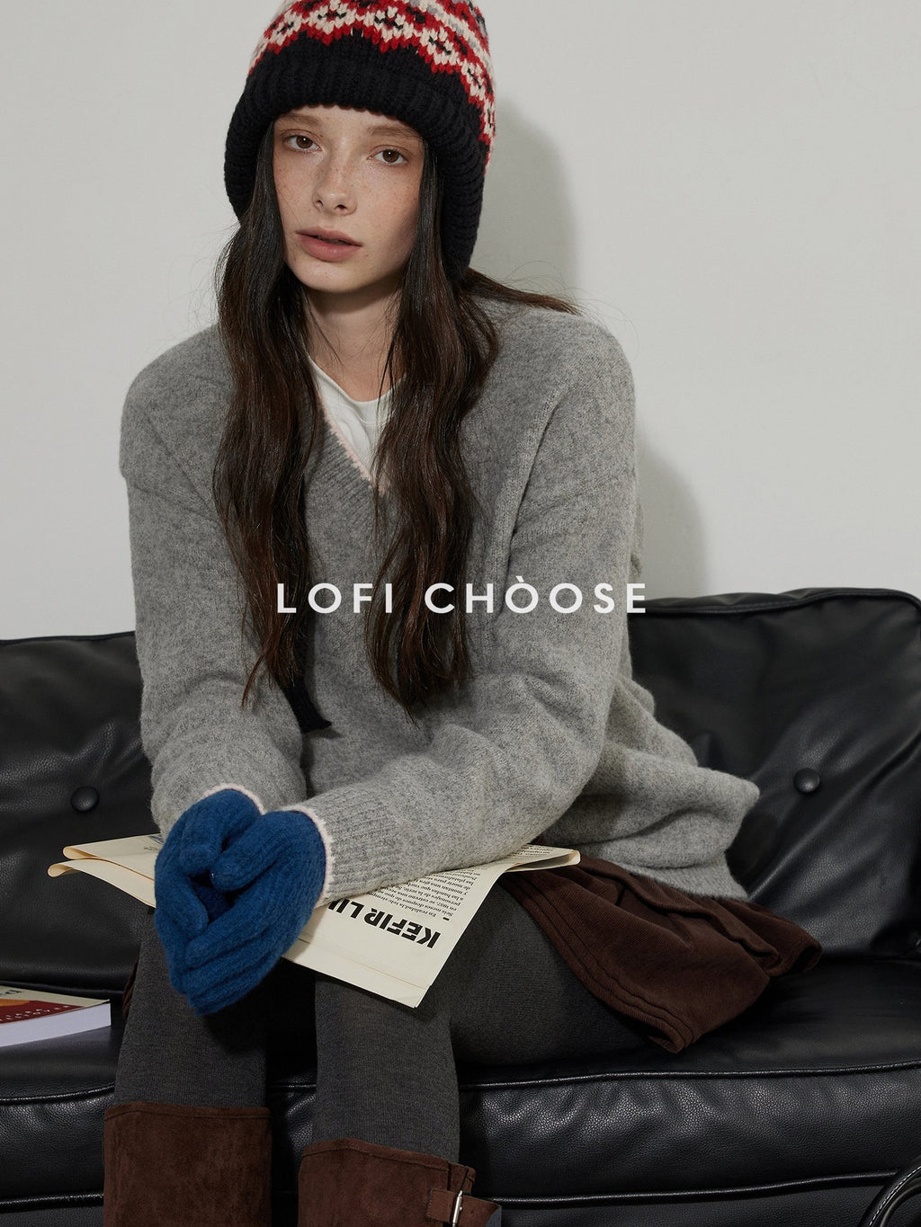 Lofi choose Soft Acrylic V-neck Loose Fit Office Knit Pullover Grey Brown Sweaters