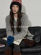 Lofi choose Soft Acrylic V-neck Loose Fit Office Knit Pullover Grey Brown Sweaters
