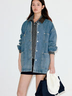 fano Patchwork Washed Blue Loose Fit Casual Cotton Women Button Front Denim Jackets
