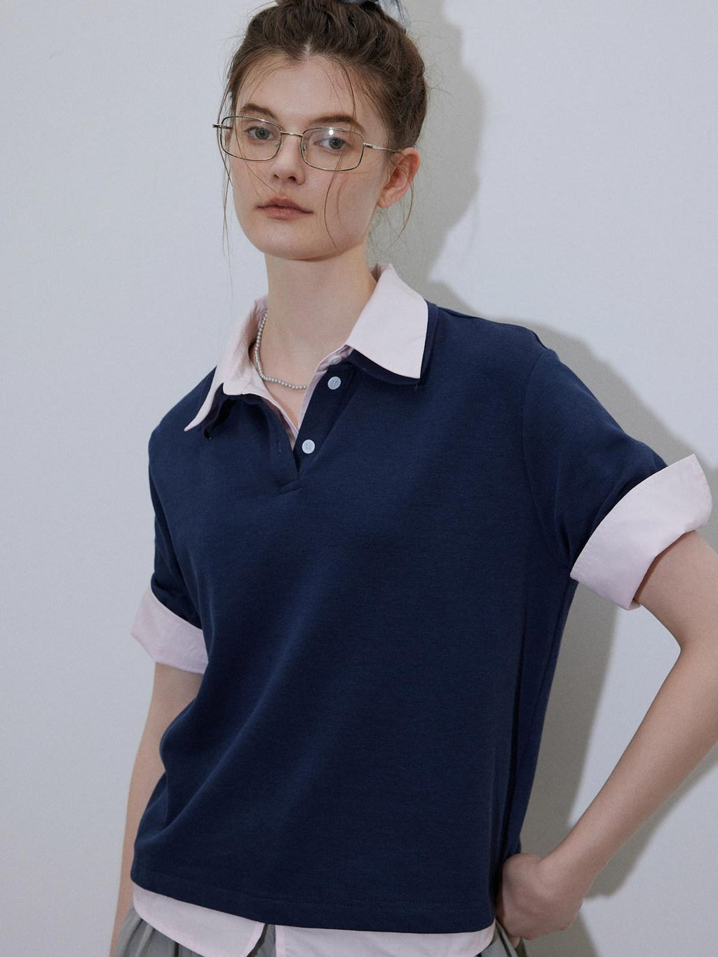 Lofi choose Soft Loose Fit Henley Collar Commuter Workwear Navy Grey Short Sleeve T-Shirts