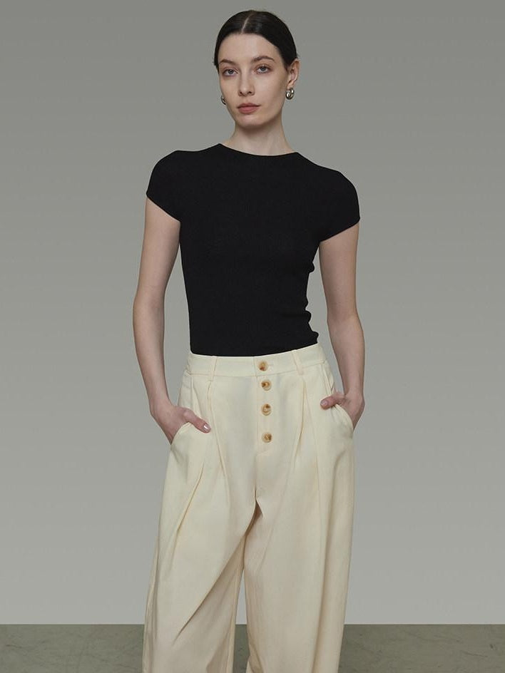 unspoken High Waist Lyocell Blend Pleated Button Minimal Workwear Wide Leg Pants