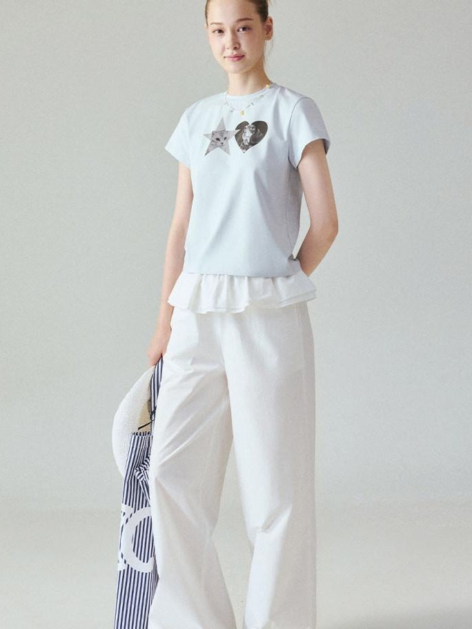 fano Pure Cotton Elastic Waist Loose Korean Office Natural Waist White Straight Pants