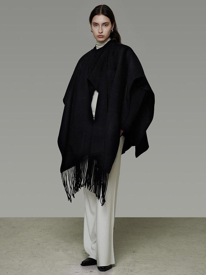 unspoken Pure Sheepswool Fringed Cape Commuter Women Structured Black Wool Coats
