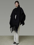 unspoken Pure Sheepswool Fringed Cape Commuter Women Structured Black Wool Coats
