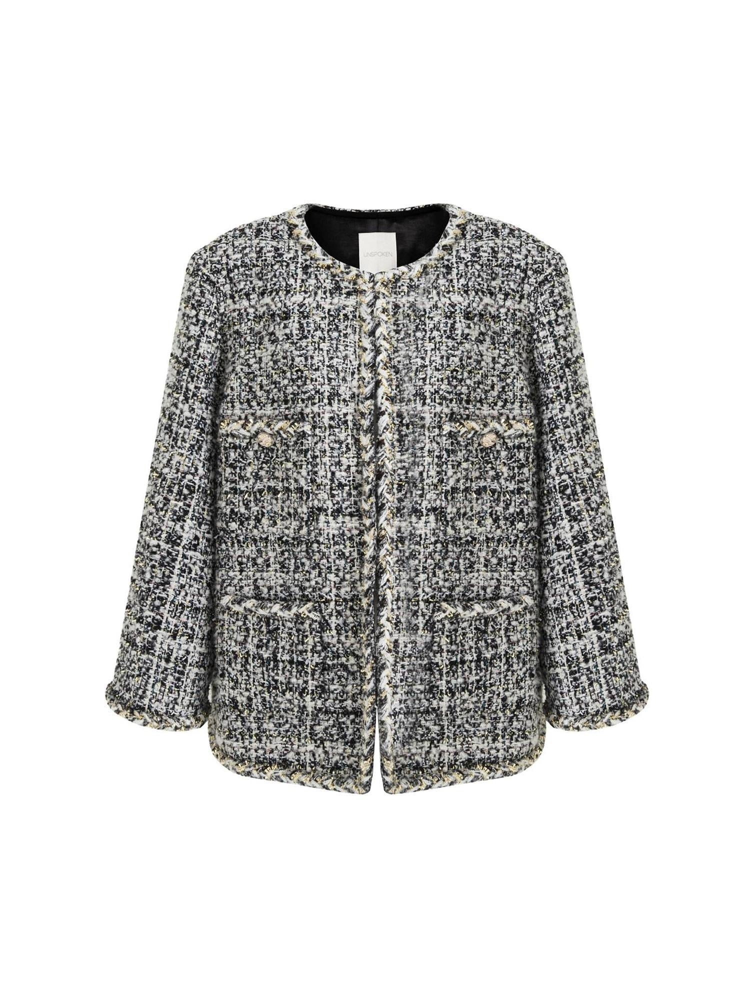 unspoken Warm Wool Blend Houndstooth Loose Fit Simple Commuter Black White Short Coat
