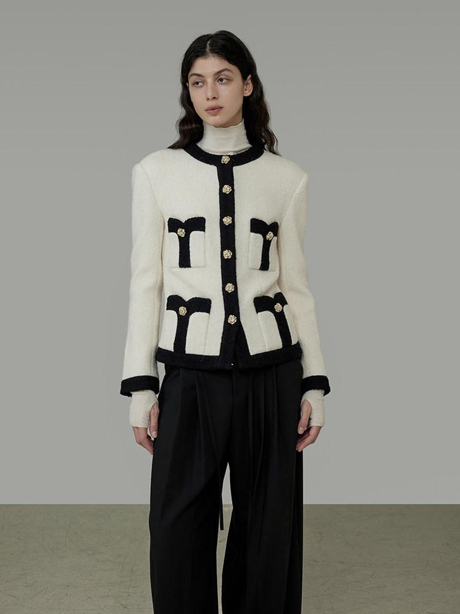 unspoken Black White Colorblock Office Loose Cropped Round Neck Buttoned Knit Cardigans