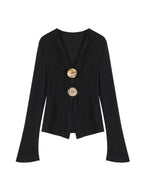 unspoken Side Slit Slim Fit Casual V-neck Button Long Sleeve Black Women Knit Cardigans