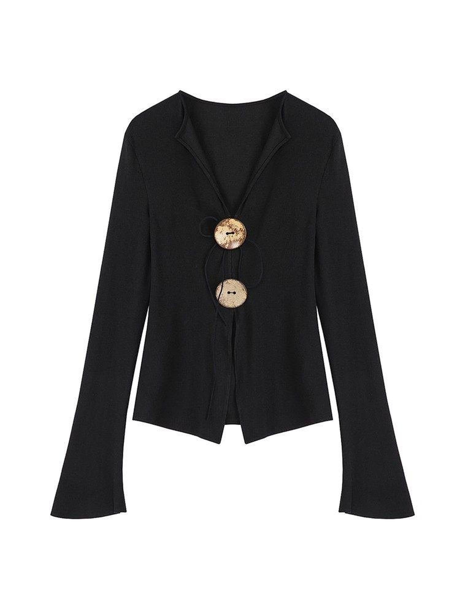 unspoken Side Slit Slim Fit Casual V-neck Button Long Sleeve Black Women Knit Cardigans