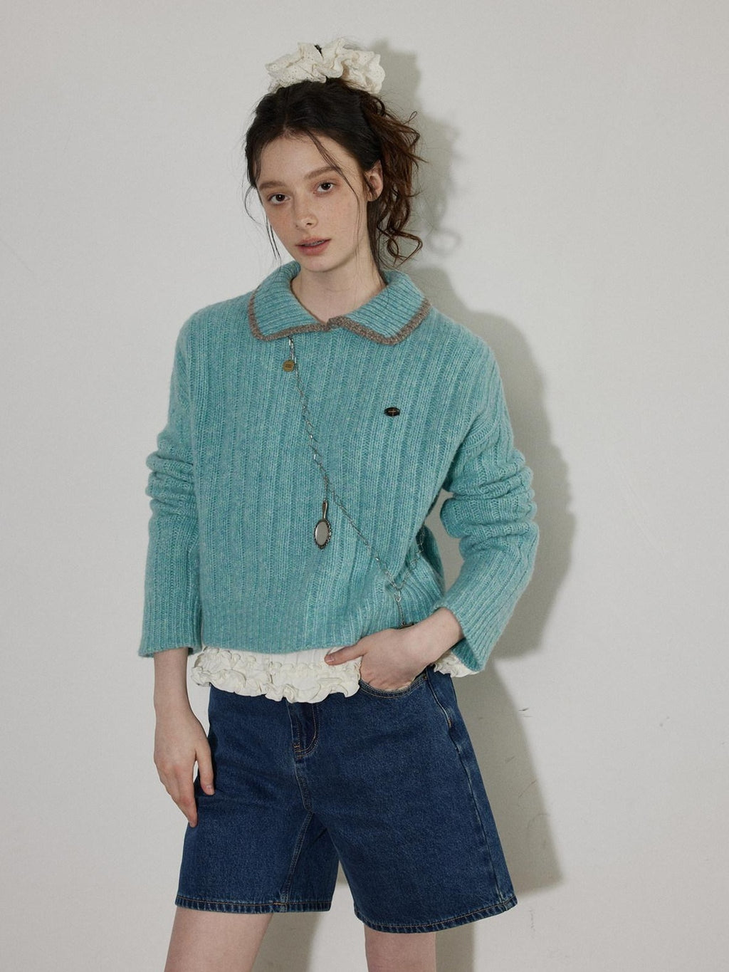 Lofi choose Washed High Waist Loose Fit Micro Stretch Women Casual Blue White Denim Shorts