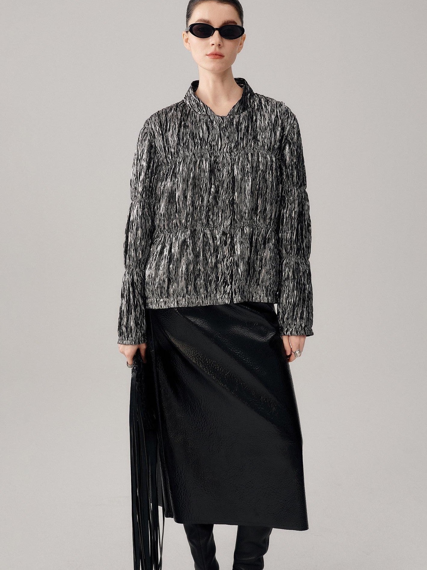 audreyyang Original Design Pleated Loose Fit Womens Cropped Silver Bomber Jackets