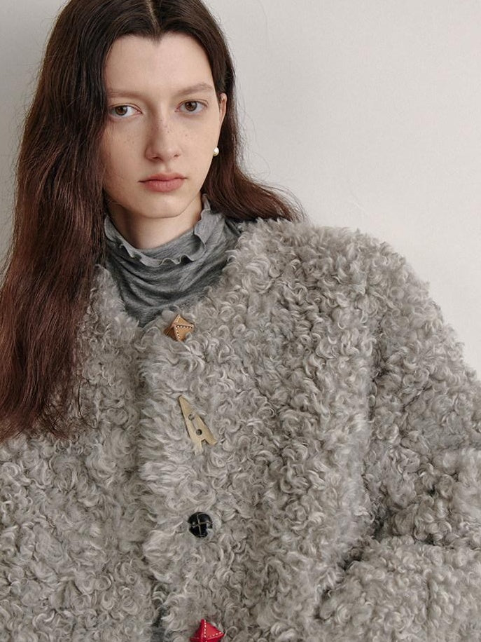 fano Faux Fur Straight Cut Minimal Workwear Women Gray Khaki Short Coat