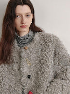 fano Faux Fur Straight Cut Minimal Workwear Women Gray Khaki Short Coat