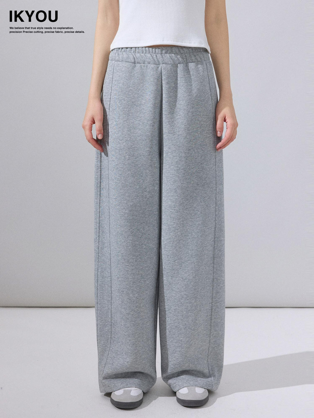 ikyou Durable Cotton Blend Relaxed Straight Leg Natural Waist Pockets Gray Sweatpants