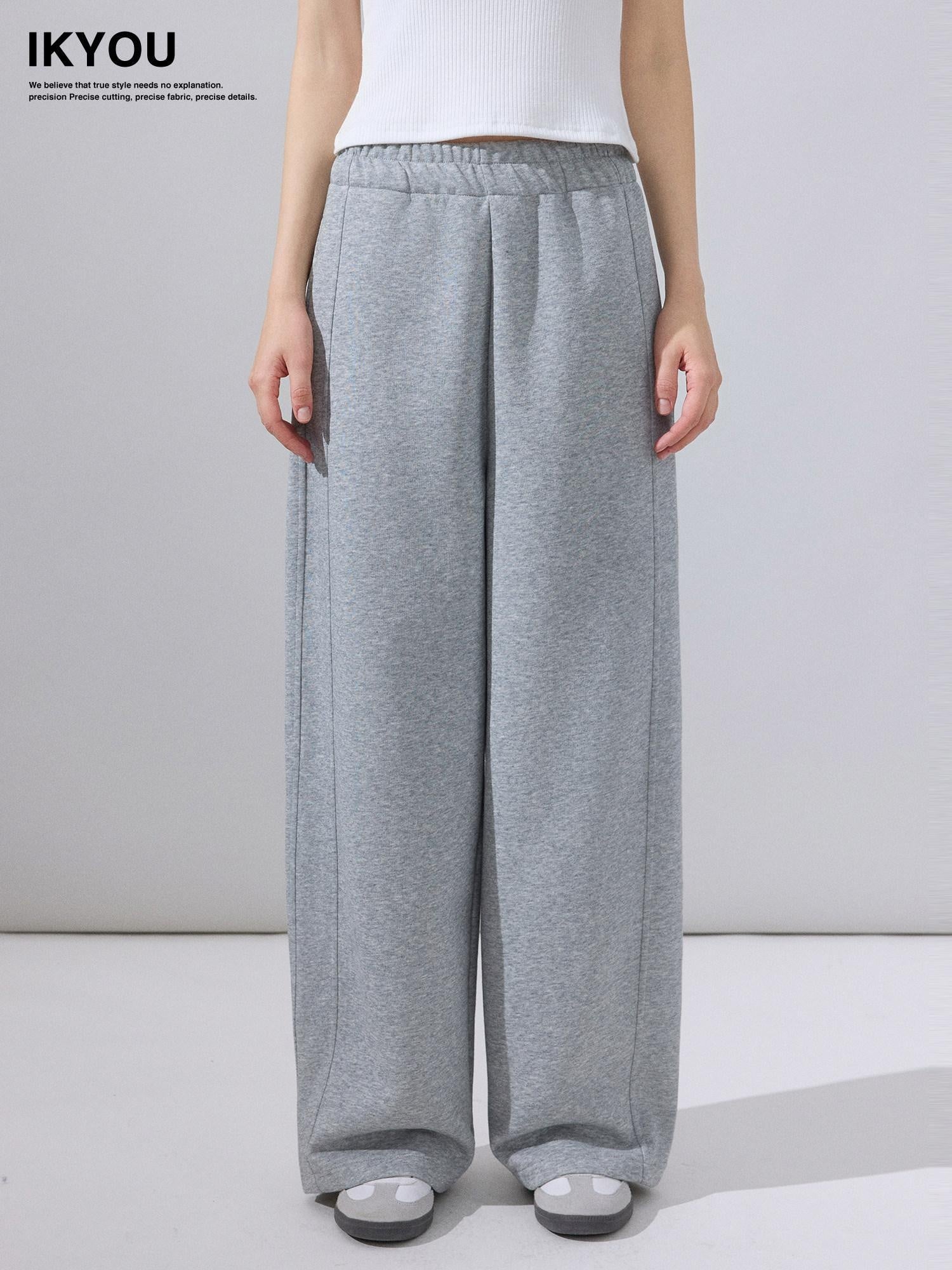ikyou Durable Cotton Blend Relaxed Straight Leg Natural Waist Pockets Gray Sweatpants
