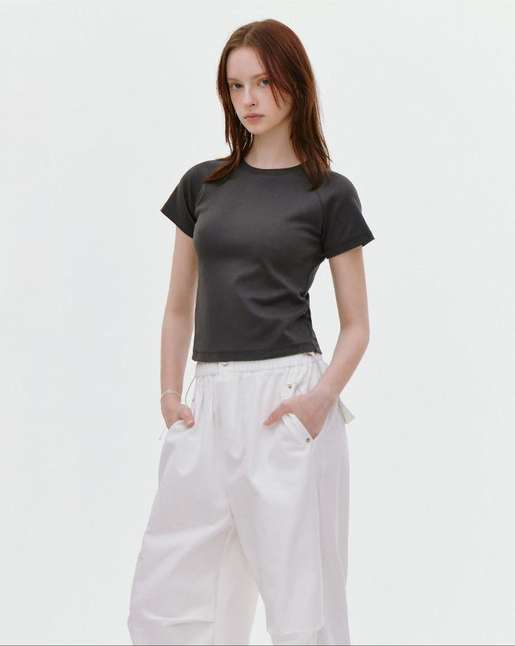 fano Soft Cotton Stretch Korean Slim Fit Short Sleeve Deep Gray Basic Crop Tops