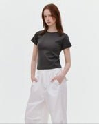 fano Soft Cotton Stretch Korean Slim Fit Short Sleeve Deep Gray Basic Crop Tops