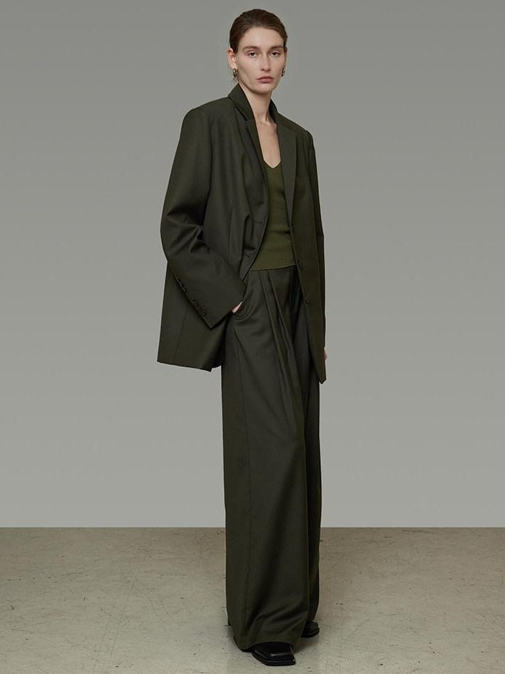 unspoken Breathable Dark Green Loose Lapel Blazer High Waist Casual Top & Skirt Sets