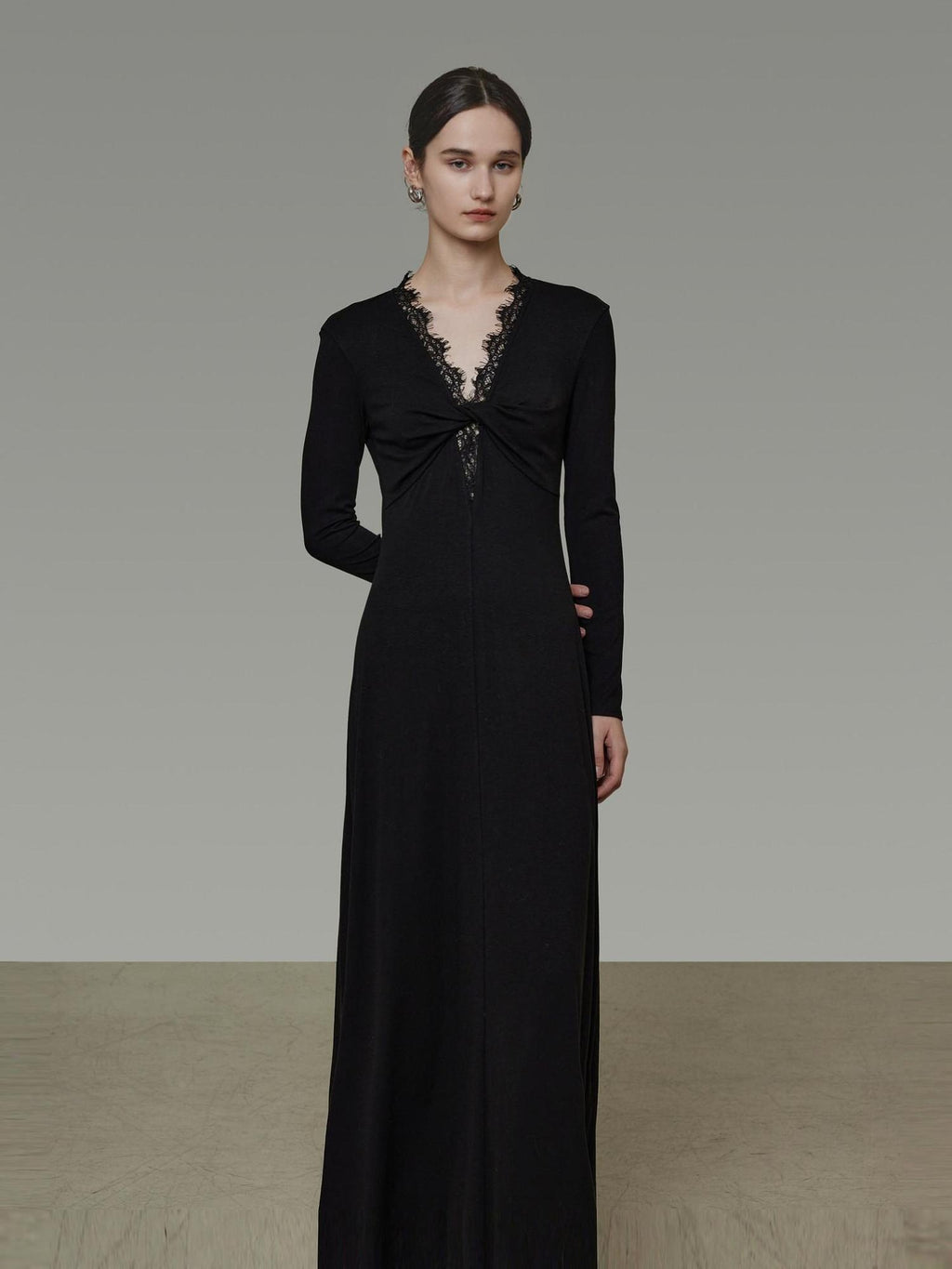unspoken Lyocell Knit Lace Trim Fitted Waist Minimal Commuter V-neck Maxi Dresses