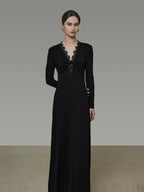 unspoken Lyocell Knit Lace Trim Fitted Waist Minimal Commuter V-neck Maxi Dresses