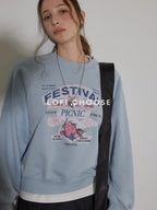 Lofi choose 100% Cotton Loose Fit Crewneck Pullover Commuter Women Blue Gray Sweatshirt