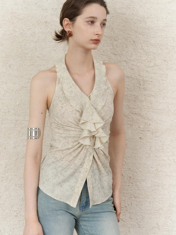 someonesometimes Ruffle Halter Slim Fit Cropped Solid Almond Stretch Tank Tops