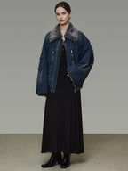 unspoken Warm Cotton Blend Loose Commuter Zipper Fur Collar Blue Gray Denim Jackets