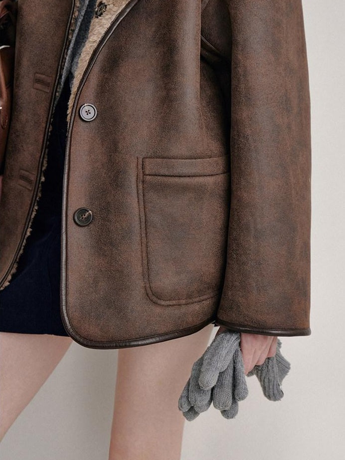 fano Reversible Vintage Straight Stand Collar Women Coffee Brown Short Coat