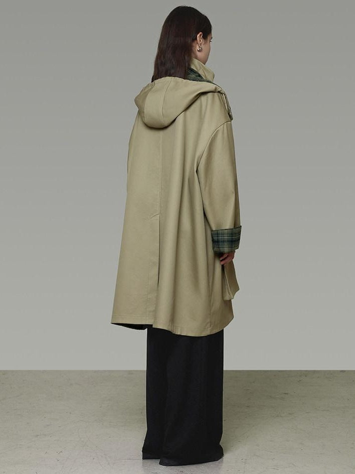 unspoken Breathable Pure Cotton Minimalist Loose Midlength Women Plaid Khaki Trench Coats