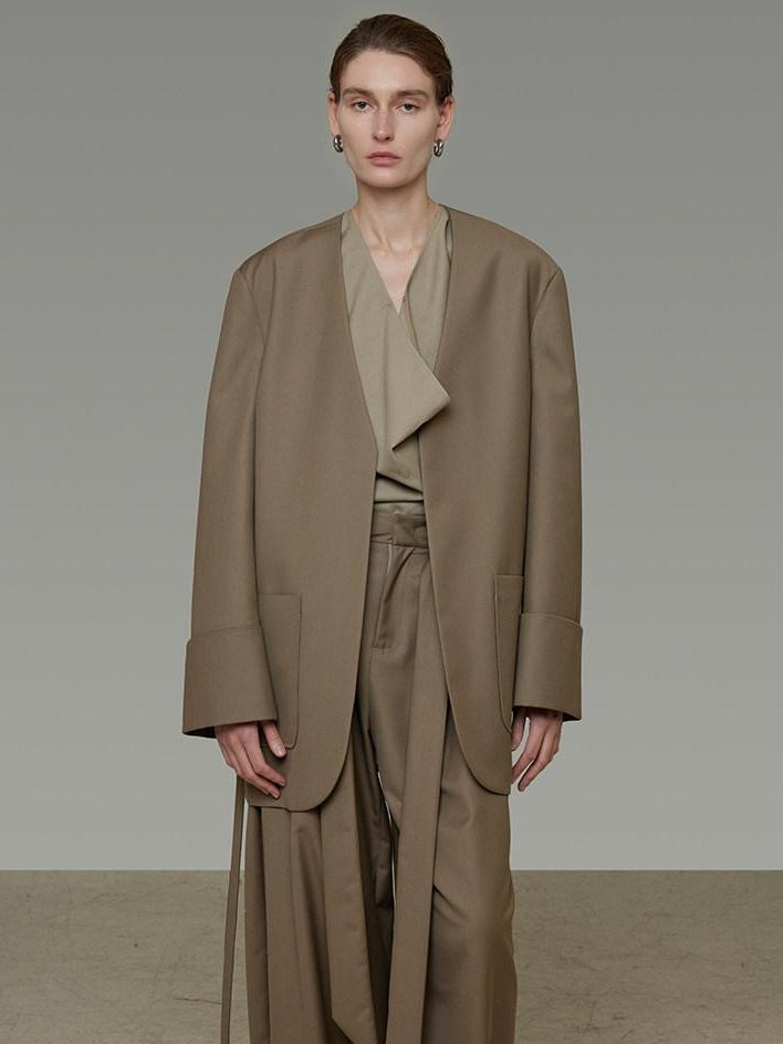 unspoken Minimal Slim Tailored Blazer High Waist Long Pants Women Brown Top & Pants Sets