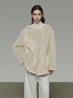 unspoken Warm Cream Collarless Minimalist Relaxed Fit Women Polyester Short Coat