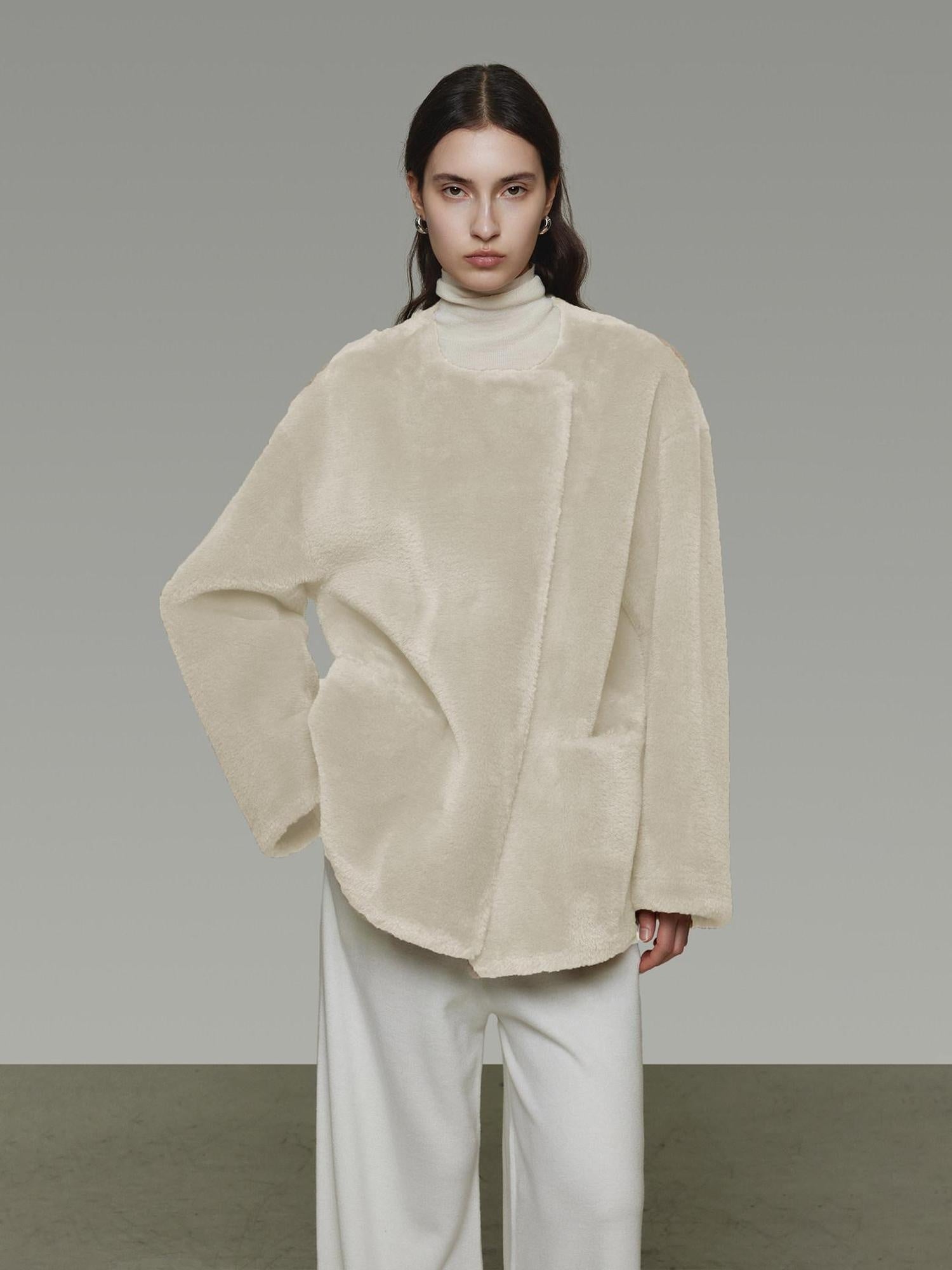 unspoken Warm Cream Collarless Minimalist Relaxed Fit Women Polyester Short Coat