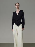 unspoken Soft Asymmetrical Loose Women V-neck Long Sleeve Black Blouses