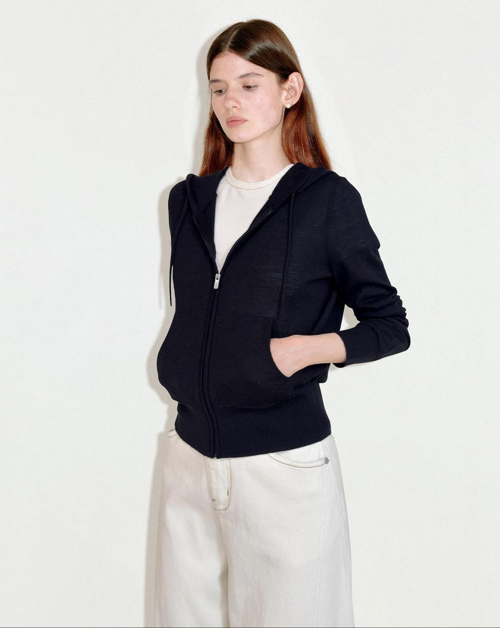 fano Cozy Wool Blend Zip Up Loose Fit Casual Long Sleeve Black Women Hoodie
