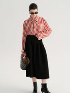 audreyyang Vintage Plaid Loose Fit Long Sleeve Collared Open Front Polyester Women Shirts
