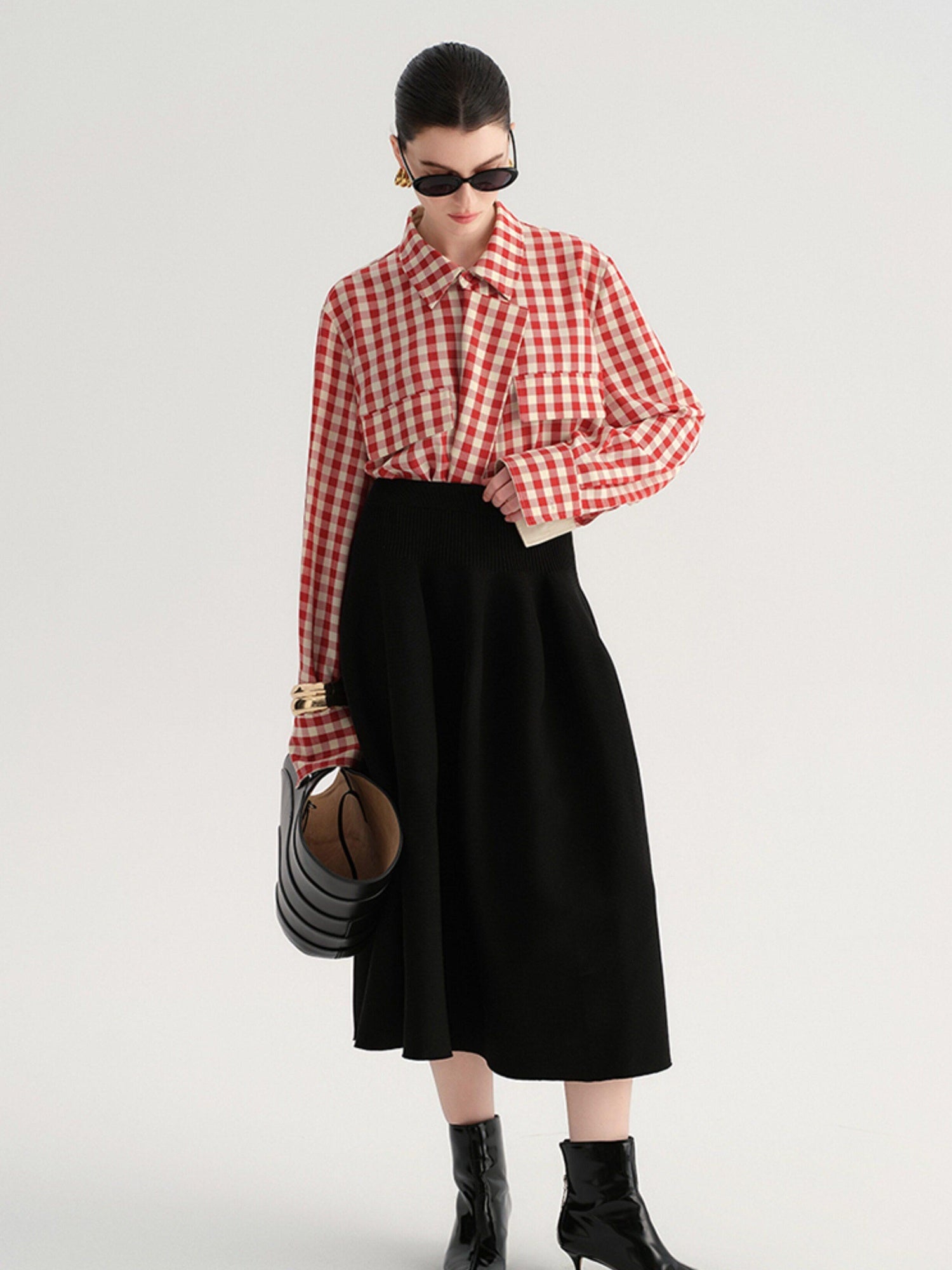 audreyyang Vintage Plaid Loose Fit Long Sleeve Collared Open Front Polyester Women Shirts