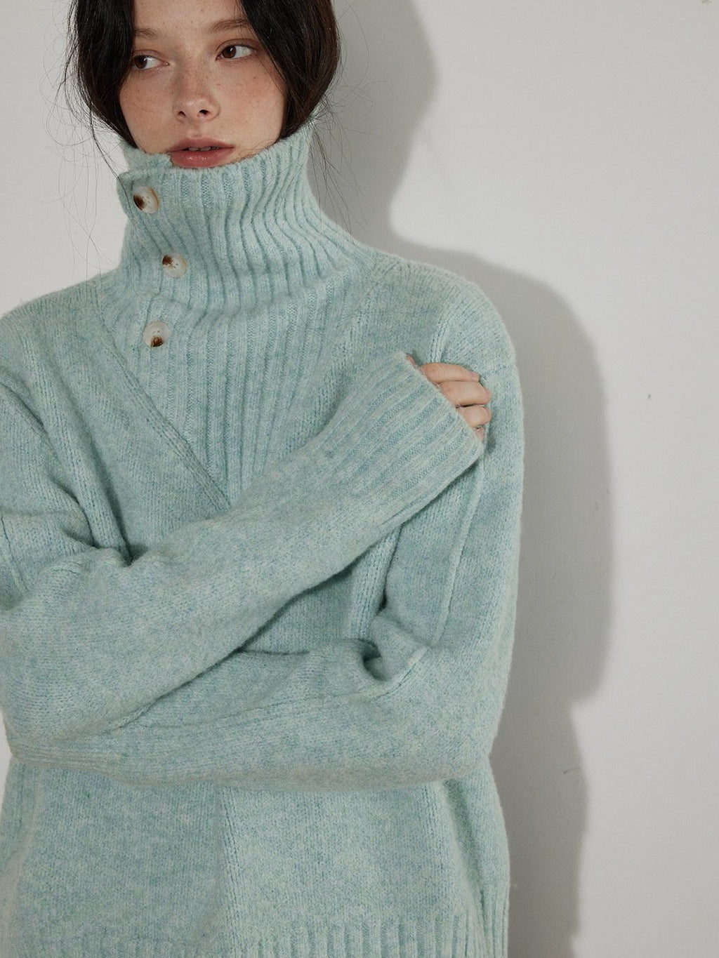 Lofi choose Cozy High Neck Loose Fit Commuter Knit Pullover Blue Polyester Sweaters