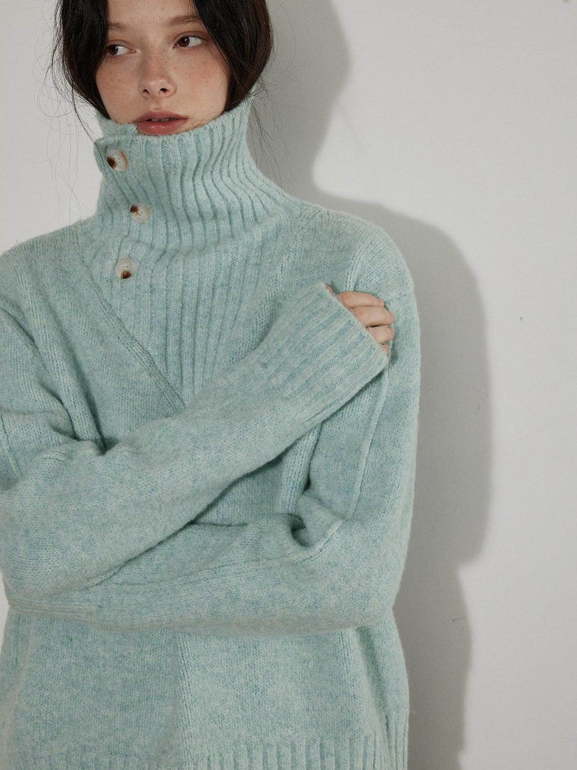 Lofi choose Cozy High Neck Loose Fit Commuter Knit Pullover Blue Polyester Sweaters